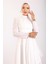 Kol Ağzı Taş İşlemeli Pile ve Volan Detaylı Tafta Saten Tesettür Abiye Elbise BEYAZ 1215 3