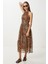Desenli Midi Şifon Elbise LFG0079 Siyah Camel 2
