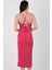 Perabo Degaje Yaka Bel Düğümlü Yırtmaçlı Uzun Abiye Elbise Fuşya 3