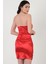 Defendo Kalp Yaka Straplez Yanları Büzgülü Kısa Abiye Elbise Kırmızı 4