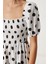 Balon Kollu Desenli Dokuma Elbise LFG0071 Beyaz Siyah 3