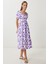 Balon Kollu Desenli Dokuma Elbise LFG0080 Mor Beyaz 2