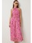 Desenli Midi Şifon Elbise LFG0083 Pembe Sarı 3