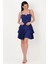Concesso Askılı Kare Yaka Kat Kat Etek Kısa Abiye Elbise Saks 3