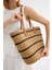 Taşlı Hasır Tote Çanta Siyah Şeritli Camel 1