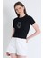 Siyah Ayıcık Işlemeli Slim Fit Crop Tişört 2217 1