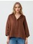 Acı Kahve %100 Keten Rahat Kesim Truvakar Kol Gömlek Yaka Bluz 1
