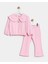 Kız Çocuk Pamuklu Pembe Çiçek Nakışlı Geniş Yaka Sweat ve Volan Paça Pantolon Takım 1