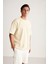 Erkek Krem Oversize Bisiklet Yaka %100 Organik Pamuk Düz Basic Yazlık T-Shirt 3