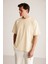 Erkek Krem Oversize Bisiklet Yaka %100 Organik Pamuk Düz Basic Yazlık T-Shirt 7
