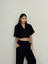 Oversize Polo Yaka Crop Takım - Siyah - Pantolonlu 2'li Kadın Takım 1