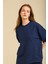 Kadın Lacivert Oversize Bisiklet Yaka %100 Organik Pamuk Düz Basic Yazlık T-Shirt 2