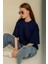 Kadın Lacivert Oversize Bisiklet Yaka %100 Organik Pamuk Düz Basic Yazlık T-Shirt 1