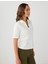 Ekru %100 Pamuk Kısa Kollu Gömlek Yaka Örme Bluz 4