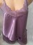 Mor Ip Askılı Yakası Dantelli Saten Üst ve Mini Şort Kadın Takım Pijama 2