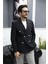 Verde Dokulu Gofre Kumaş Italyan Stil Slim Fit Kruvaze Erkek Ceket Siyah 3