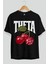 Theta Cherry Cherries Ön Baskılı Oversize T-Shirt Erkek Kadın Pamuk Bisiklet Yaka Tişort 2
