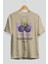 Blackberry Ön Baskılı Bej Oversize T-Shirt Erkek Kadın Pamuk Bisiklet Yaka Tişort 3