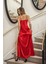 Dantelli Uzun Yırtmaçlı Saten Gecelik Elbise String Takım Kırmızı (MGP31512) 4