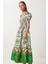 Balon Kollu Desenli Dokuma Elbise LFG0124 Lila Yeşil 3