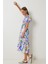 Balon Kollu Desenli Dokuma Elbise LFG0088 Lila Mavi 2