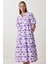 Desenli Volanlı Yazlık Dokuma Elbise LFG0045 Mor Beyaz 2