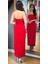 Kırmızı Straplez Yaka Yırtmaçlı Düz Kesim Krep Midi Abiye Elbise 7692 5