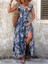 V Yaka Kısa Kollu Mavi Etnik Desenli Viskon Yazlık Uzun Kloş Model Kadın Elbise Plaj Elbisesi 4