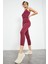 Bordo Yüksek Bel Kapri-Crop Atlet Slim Fit Kadın Tayt Takım - 95284 4