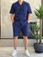 Erkek Rahat Kesim Ham Keten Alt Üst Şort Takım Lacivert ECA020 1