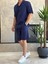 Erkek Rahat Kesim Ham Keten Alt Üst Şort Takım Lacivert ECA020 2