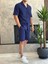 Erkek Rahat Kesim Ham Keten Alt Üst Şort Takım Lacivert ECA020 3