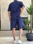 Erkek Rahat Kesim Ham Keten Alt Üst Şort Takım Lacivert ECA020 4
