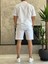 Erkek Rahat Kesim Ham Keten Alt Üst Şort Takım Beyaz ECA020 4