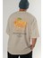 Mandarin Arka Baskılı Bej Oversize T-Shirt Erkek Kadın Pamuk Bisiklet Yaka Tişort 6