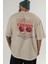 Cherry Arka Baskılı Bej Oversize T-Shirt Erkek Kadın Pamuk Bisiklet Yaka Tişort 5