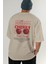 Cherry Arka Baskılı Bej Oversize T-Shirt Erkek Kadın Pamuk Bisiklet Yaka Tişort 6