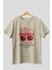Cherry Ön Baskılı Bej Oversize T-Shirt Erkek Kadın Pamuk Bisiklet Yaka Tişort 1
