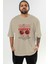 Cherry Ön Baskılı Bej Oversize T-Shirt Erkek Kadın Pamuk Bisiklet Yaka Tişort 2