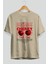 Cherry Ön Baskılı Bej Oversize T-Shirt Erkek Kadın Pamuk Bisiklet Yaka Tişort 3