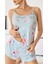 Likralı Şortlu Çiçekli Mavi Pijama Takımı 1