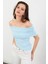 Kadın Mavi Asimetrik Madonna Yaka Bluz OPS4251 1