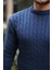 Saç Örgülü Bisiklet Yaka Erkek Triko Kazak - İndigo 3