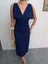 V Yaka Omuz Toka Detaylı Midi Elbise 3