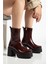 Kadın Hakiki Deri Kalın Tabanlı Topuklu Bot - Bordo Rugan 1