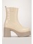 Kadın Hakiki Deri Kalın Tabanlı Topuklu Bot - Bej Rugan 3