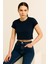 Bisiklet Yaka Ribana Kumaş Crop T-Shırt 3