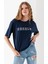 Kadın Bisiklet Yaka Cehaln Baskılı Pamuklu T-Shirt Lacivert - 925015 2