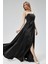 Kadın Abiye ve Mezuniyet Taşlı Drape Detaylı Yırtmaçlı Straplez Saten Abiye Elbise 1
