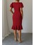Kadın Kısa Kollu Yuvarlak Yaka Pileli Janjan Krep Elbise S-M-Kırmızı 3